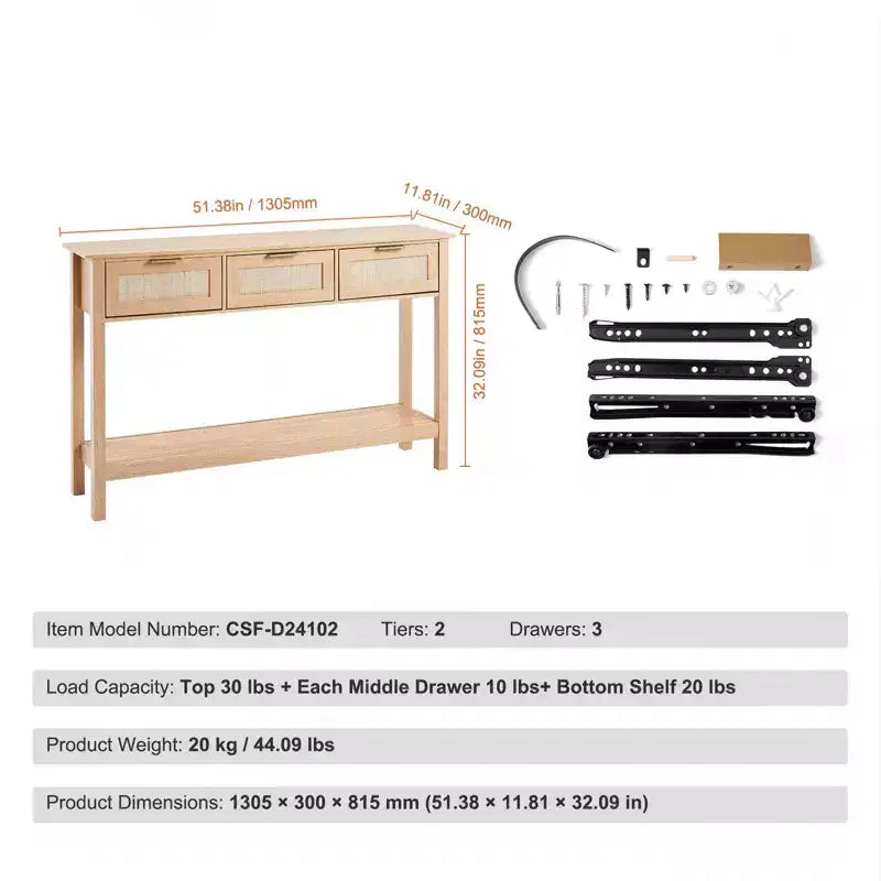 Mesa Consola Beige de Ratán con 3 Cajones y Estante Inferior