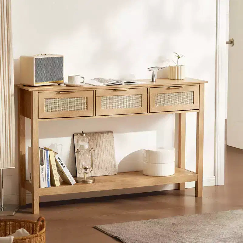 Mesa Consola Beige de Ratán con 3 Cajones y Estante Inferior