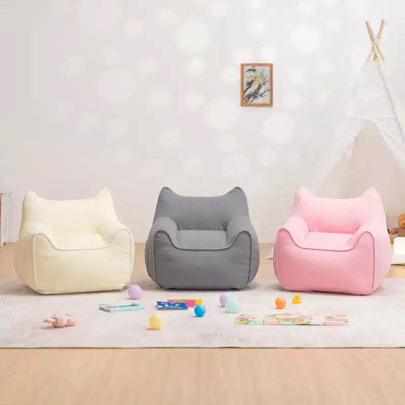 Sillón puff de pana con orejas de gato, color beige/gris/rosa, asiento individual, infantil