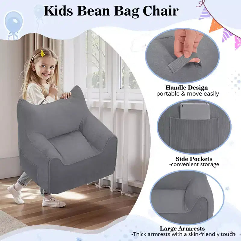 Sillón puff de pana con orejas de gato, color beige/gris/rosa, asiento individual, infantil