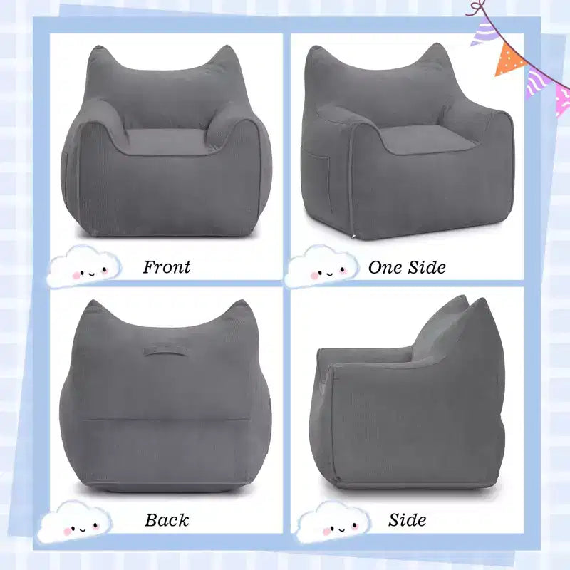 Sillón puff de pana con orejas de gato, color beige/gris/rosa, asiento individual, infantil