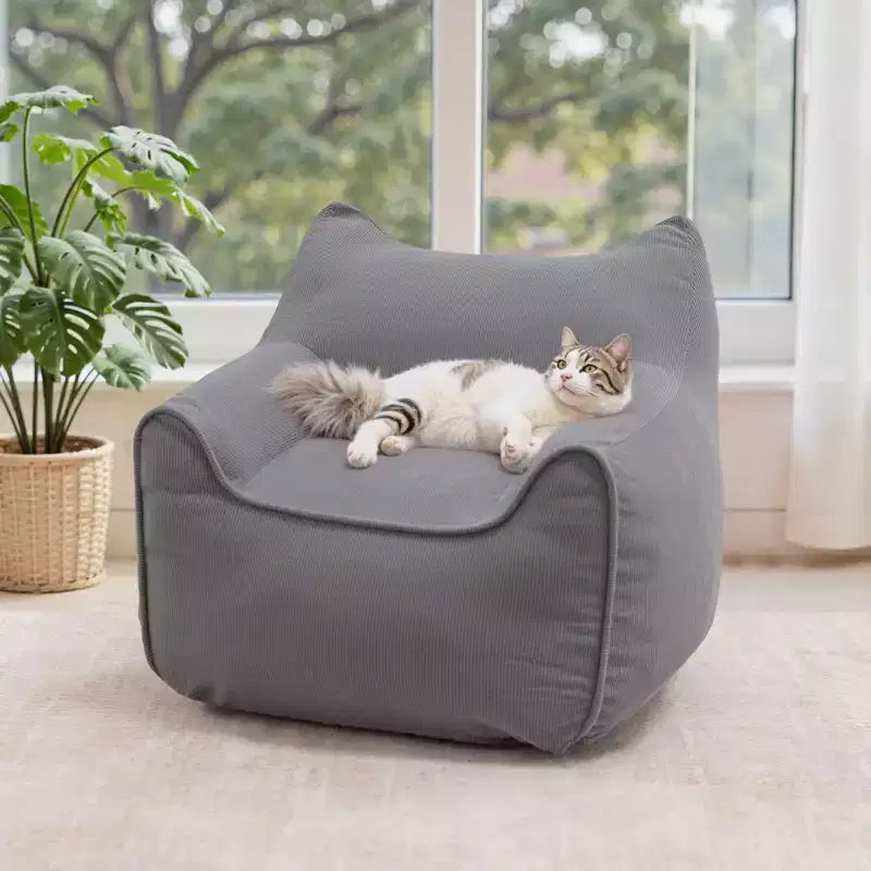 Sillón puff de pana con orejas de gato, color beige/gris/rosa, asiento individual, infantil