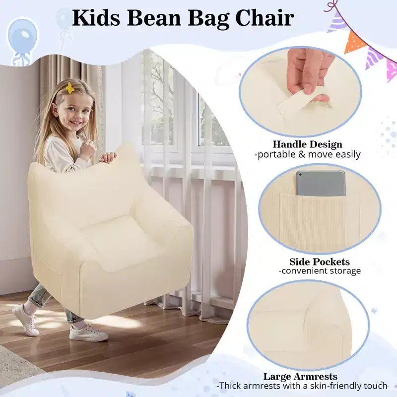 Sillón puff de pana con orejas de gato, color beige/gris/rosa, asiento individual, infantil