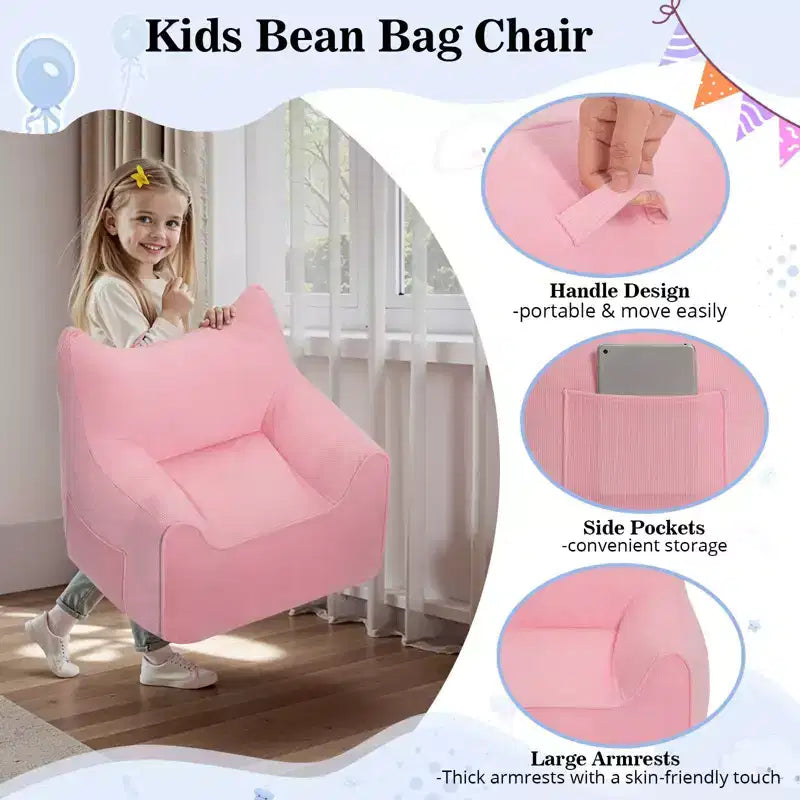 Sillón puff de pana con orejas de gato, color beige/gris/rosa, asiento individual, infantil