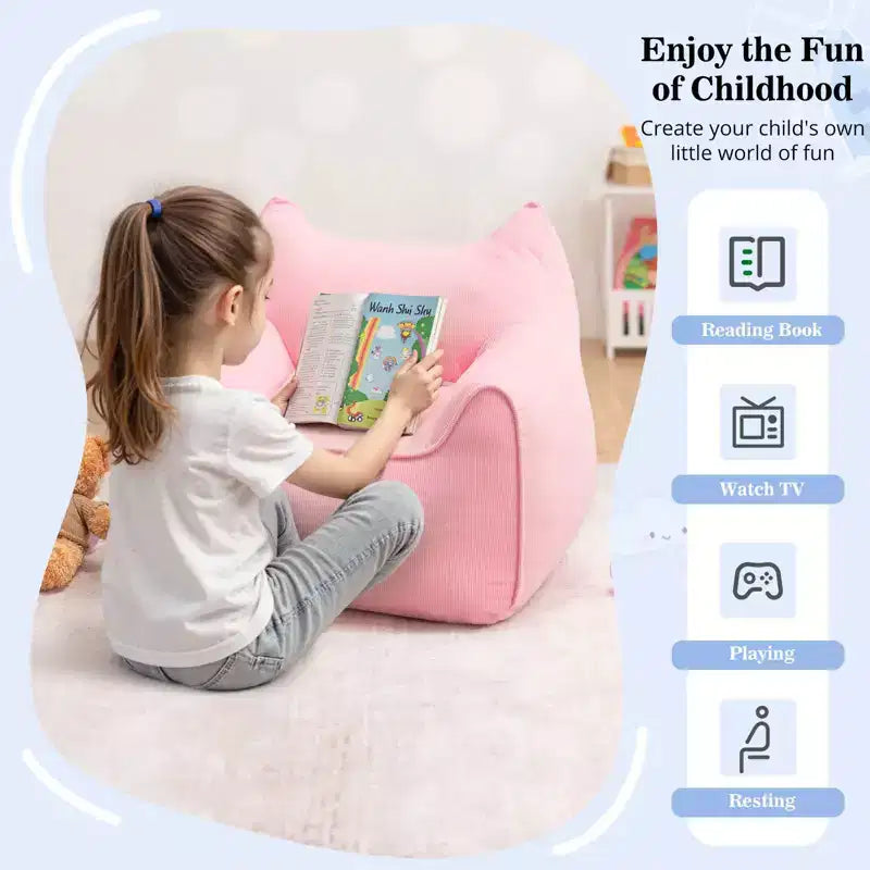 Sillón puff de pana con orejas de gato, color beige/gris/rosa, asiento individual, infantil