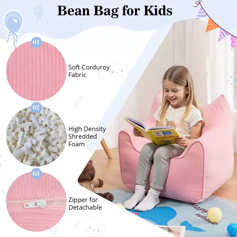 Sillón puff de pana con orejas de gato, color beige/gris/rosa, asiento individual, infantil