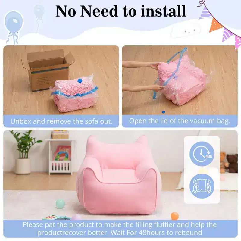 Sillón puff de pana con orejas de gato, color beige/gris/rosa, asiento individual, infantil