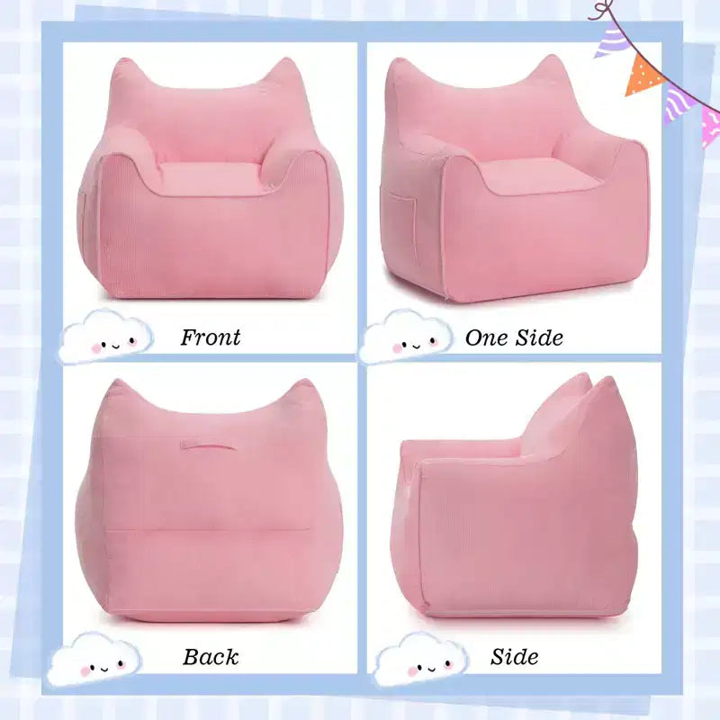 Sillón puff de pana con orejas de gato, color beige/gris/rosa, asiento individual, infantil