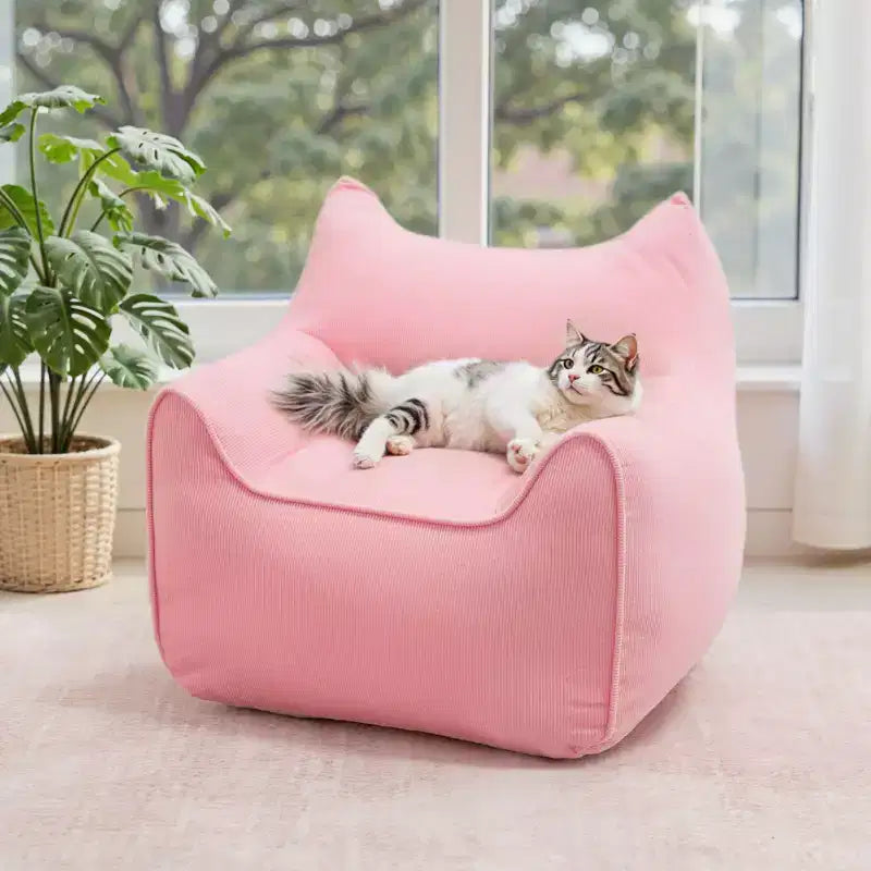 Sillón puff de pana con orejas de gato, color beige/gris/rosa, asiento individual, infantil
