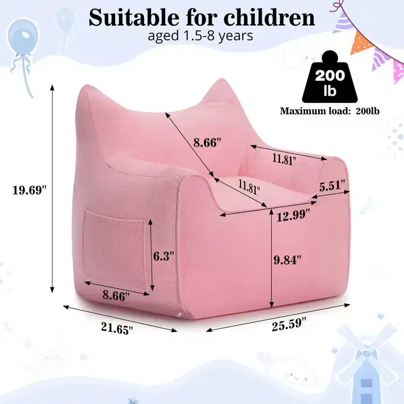 Sillón puff de pana con orejas de gato, color beige/gris/rosa, asiento individual, infantil