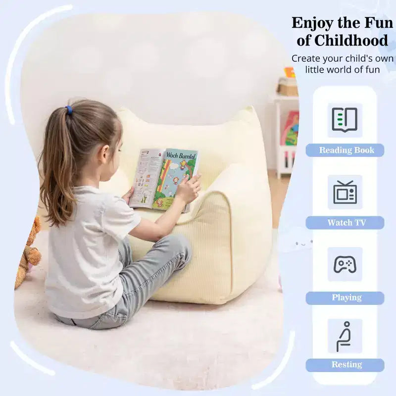 Sillón puff de pana con orejas de gato, color beige/gris/rosa, asiento individual, infantil