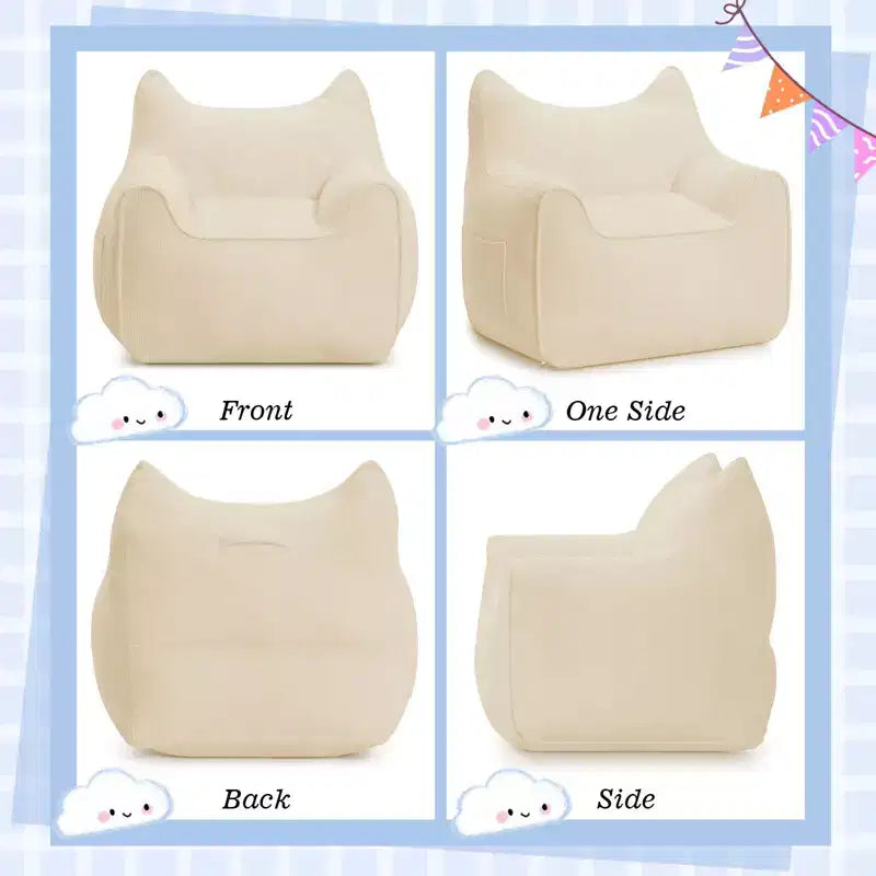 Sillón puff de pana con orejas de gato, color beige/gris/rosa, asiento individual, infantil