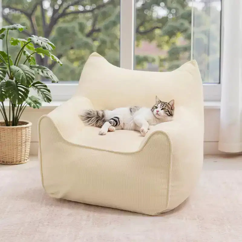 Sillón puff de pana con orejas de gato, color beige/gris/rosa, asiento individual, infantil