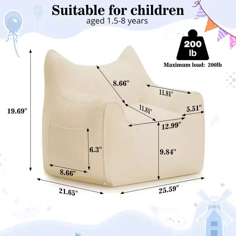 Sillón puff de pana con orejas de gato, color beige/gris/rosa, asiento individual, infantil