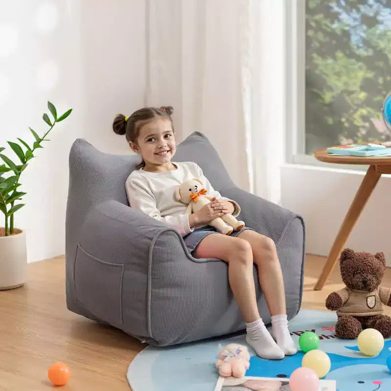 Sillón puff de pana con orejas de gato, color beige/gris/rosa, asiento individual, infantil