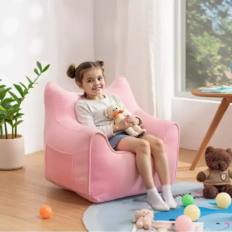 Sillón puff de pana con orejas de gato, color beige/gris/rosa, asiento individual, infantil