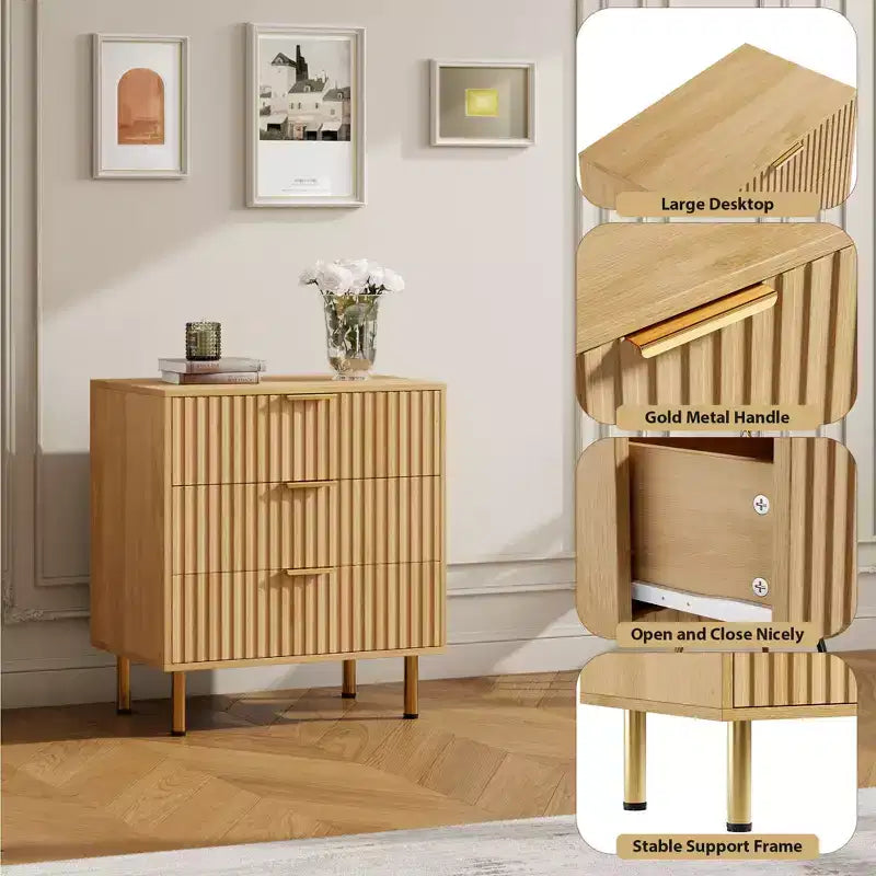 Cómoda acanalada de 3 cajones con patas doradas, color negro/madera