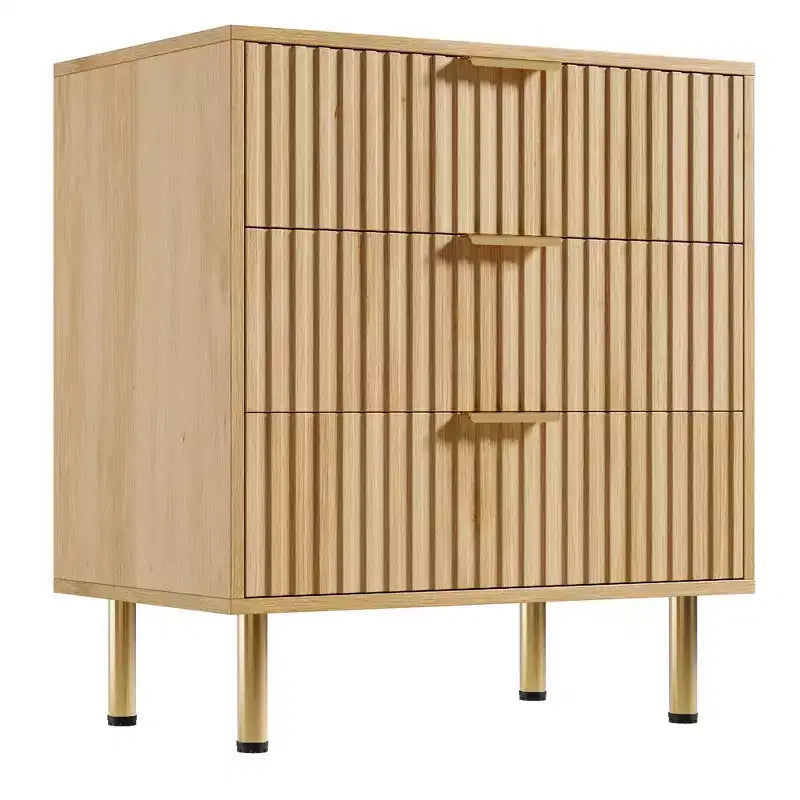 Cómoda acanalada de 3 cajones con patas doradas, color negro/madera