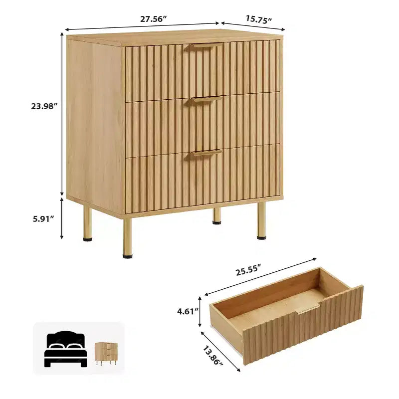Cómoda acanalada de 3 cajones con patas doradas, color negro/madera