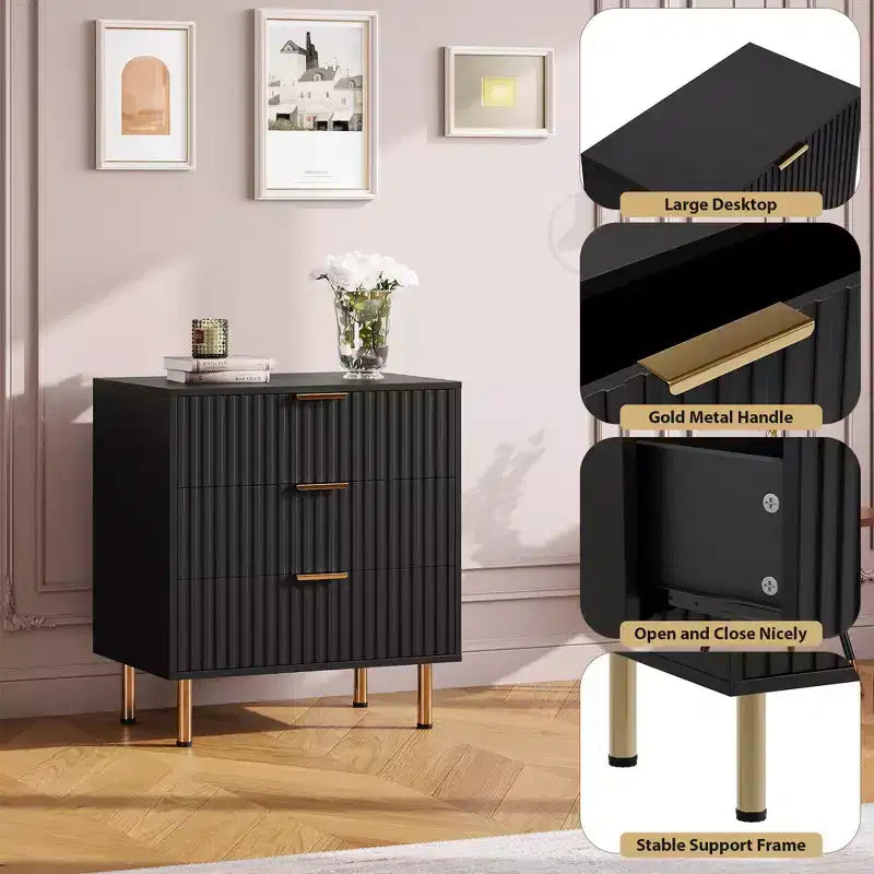 Cómoda acanalada de 3 cajones con patas doradas, color negro/madera