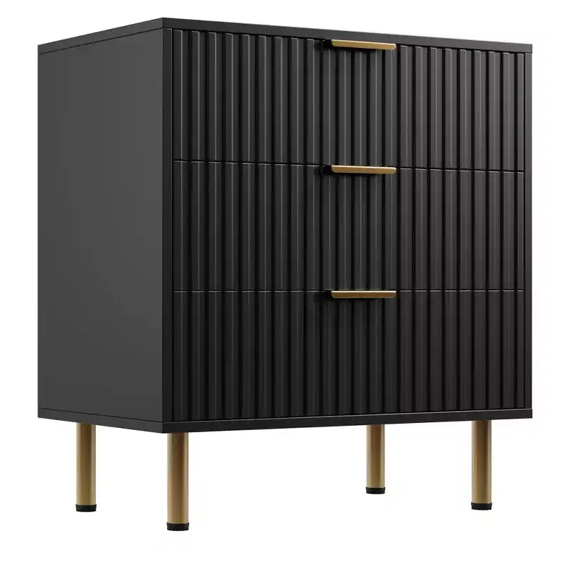 Cómoda acanalada de 3 cajones con patas doradas, color negro/madera