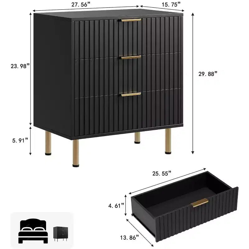 Cómoda acanalada de 3 cajones con patas doradas, color negro/madera