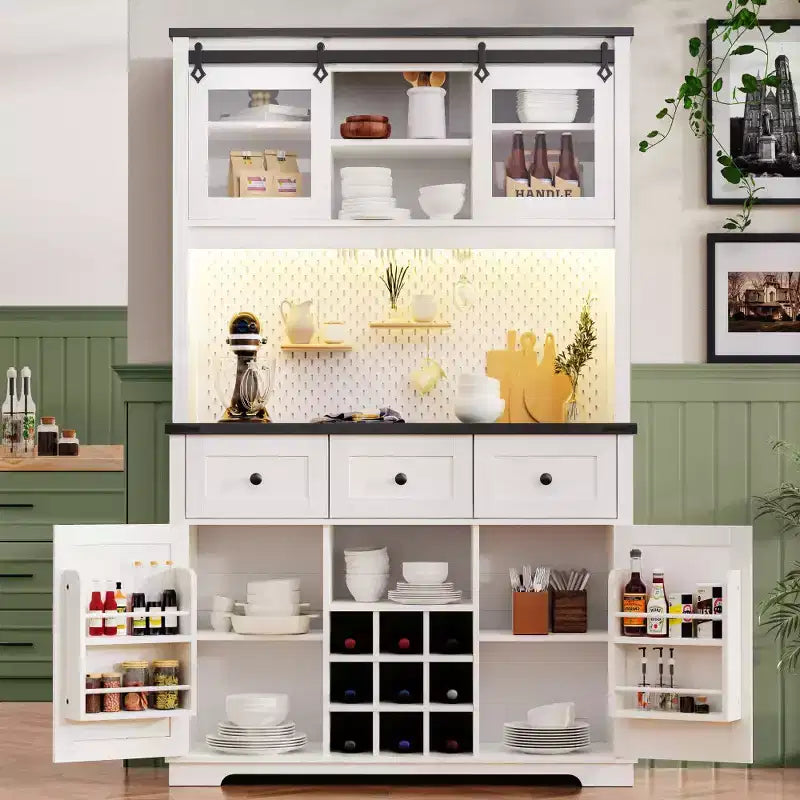 Mueble Bar de Granja Blanco y Negro con Puertas Correderas de Cristal, 3 Cajones, Botellero