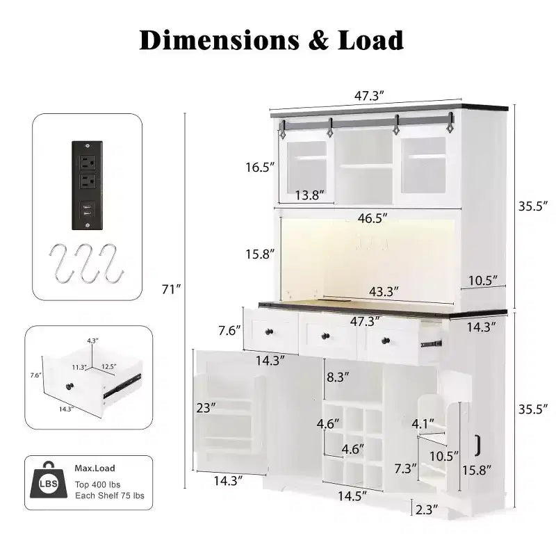 Mueble Bar de Granja Blanco y Negro con Puertas Correderas de Cristal, 3 Cajones, Botellero