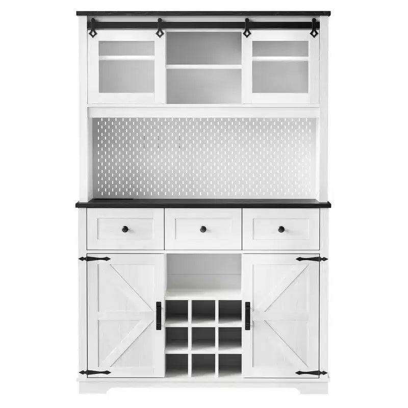 Mueble Bar de Granja Blanco y Negro con Puertas Correderas de Cristal, 3 Cajones, Botellero
