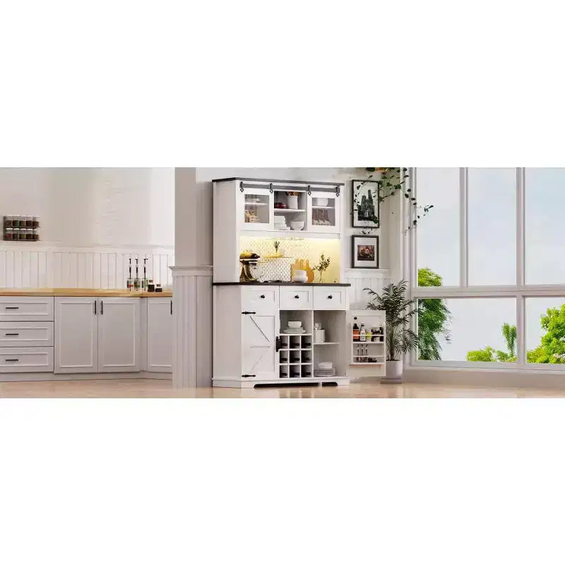 Mueble Bar de Granja Blanco y Negro con Puertas Correderas de Cristal, 3 Cajones, Botellero