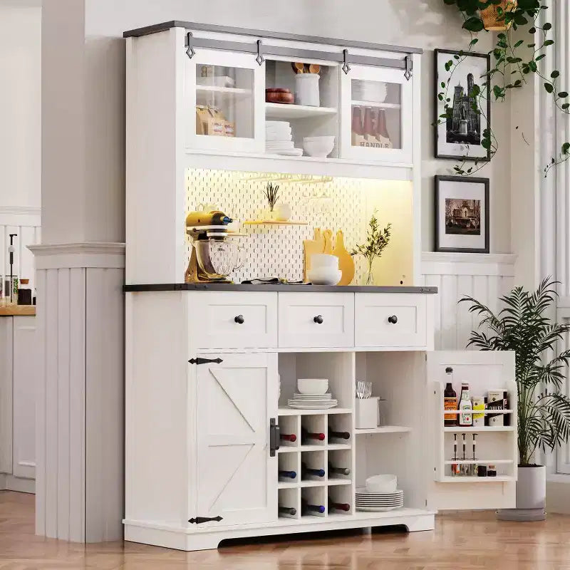 Mueble Bar de Granja Blanco y Negro con Puertas Correderas de Cristal, 3 Cajones, Botellero