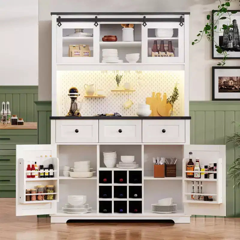 Mueble Bar de Granja Blanco y Negro con Puertas Correderas de Cristal, 3 Cajones, Botellero