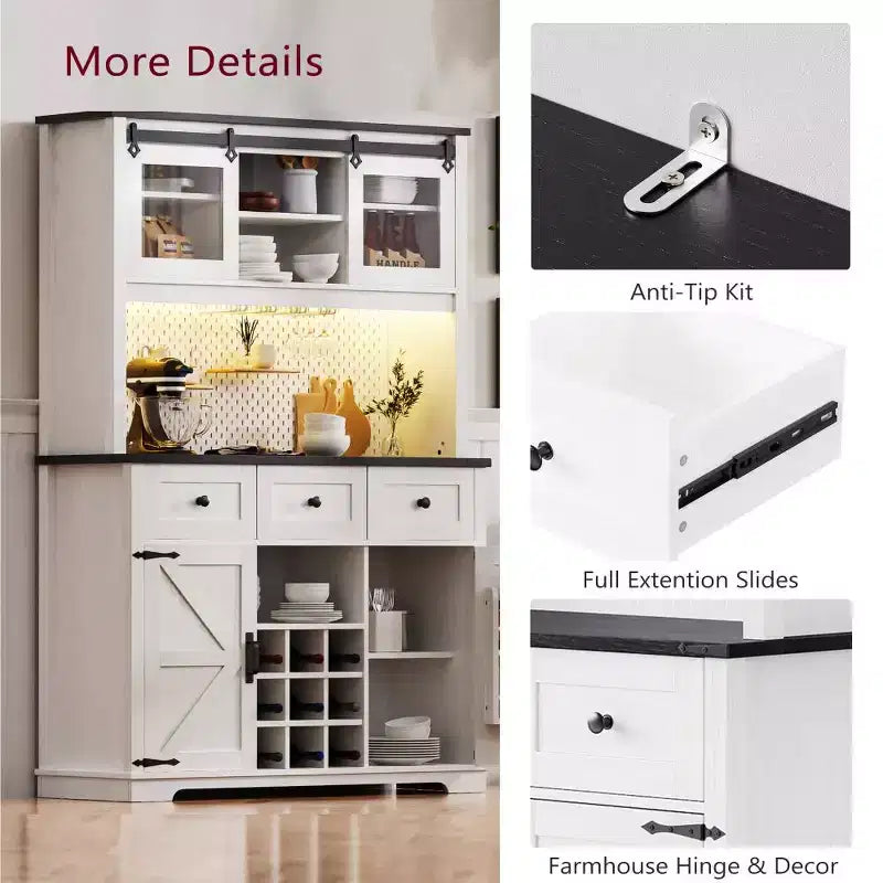 Mueble Bar de Granja Blanco y Negro con Puertas Correderas de Cristal, 3 Cajones, Botellero
