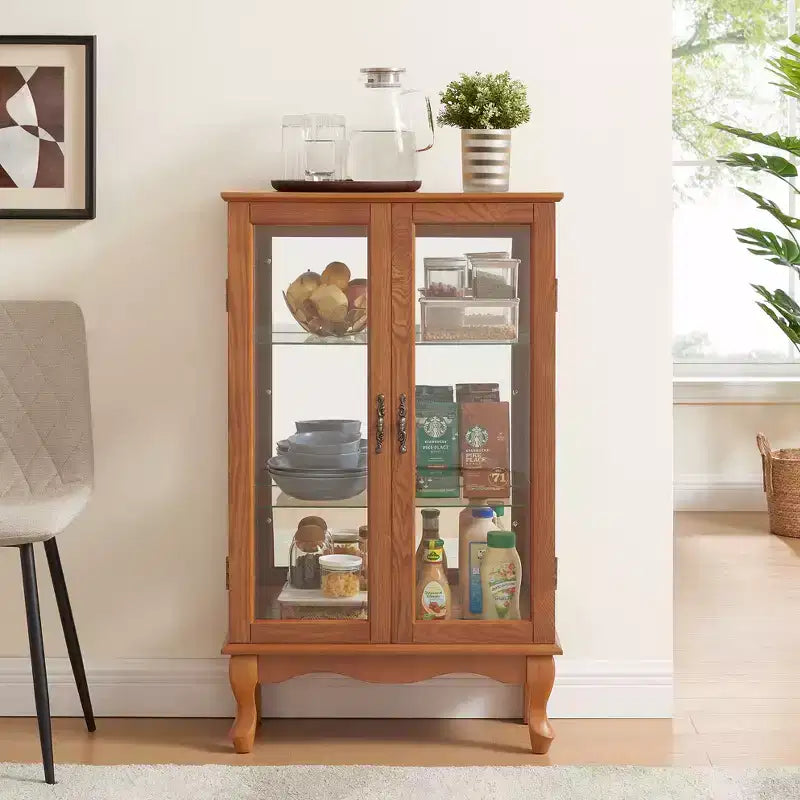 Vitrina de madera marrón con 2 puertas de cristal y luz incorporada, montaje por 1 persona