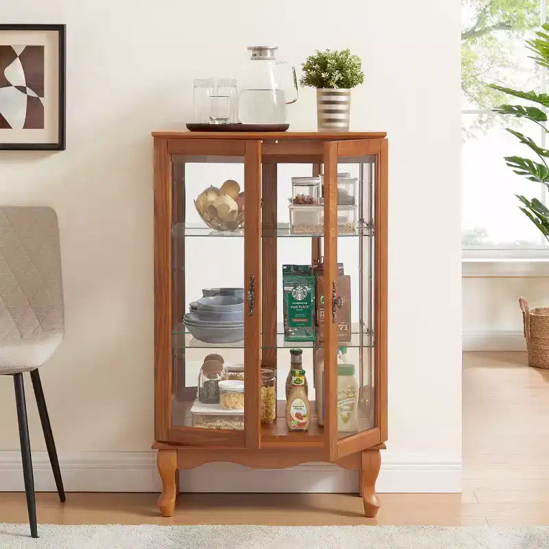 Vitrina de madera marrón con 2 puertas de cristal y luz incorporada, montaje por 1 persona