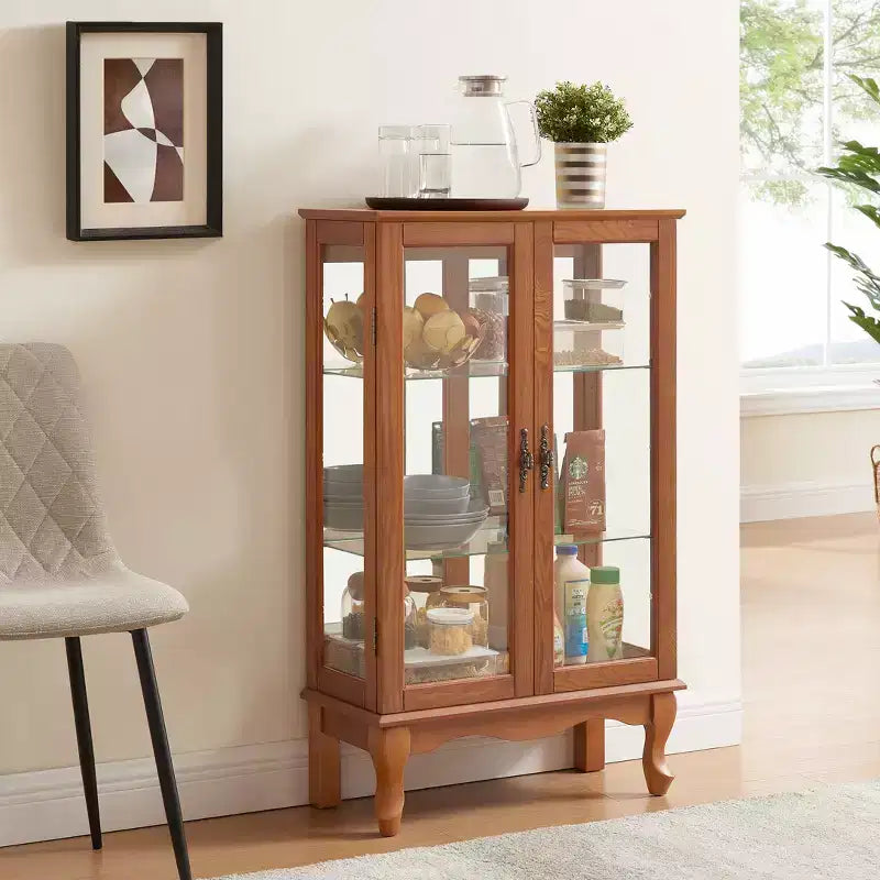 Vitrina de madera marrón con 2 puertas de cristal y luz incorporada, montaje por 1 persona