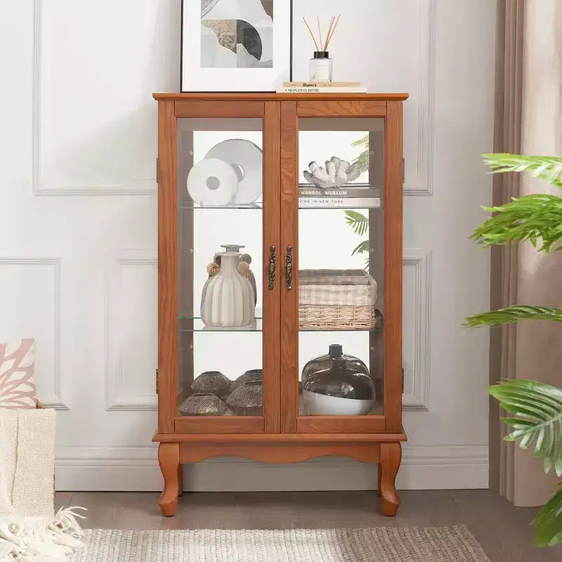 Vitrina de madera marrón con 2 puertas de cristal y luz incorporada, montaje por 1 persona
