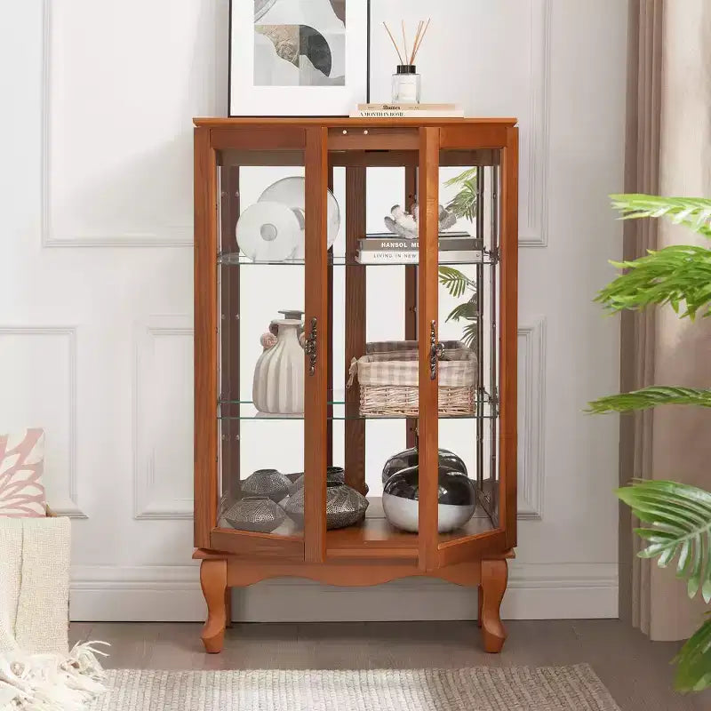 Vitrina de madera marrón con 2 puertas de cristal y luz incorporada, montaje por 1 persona