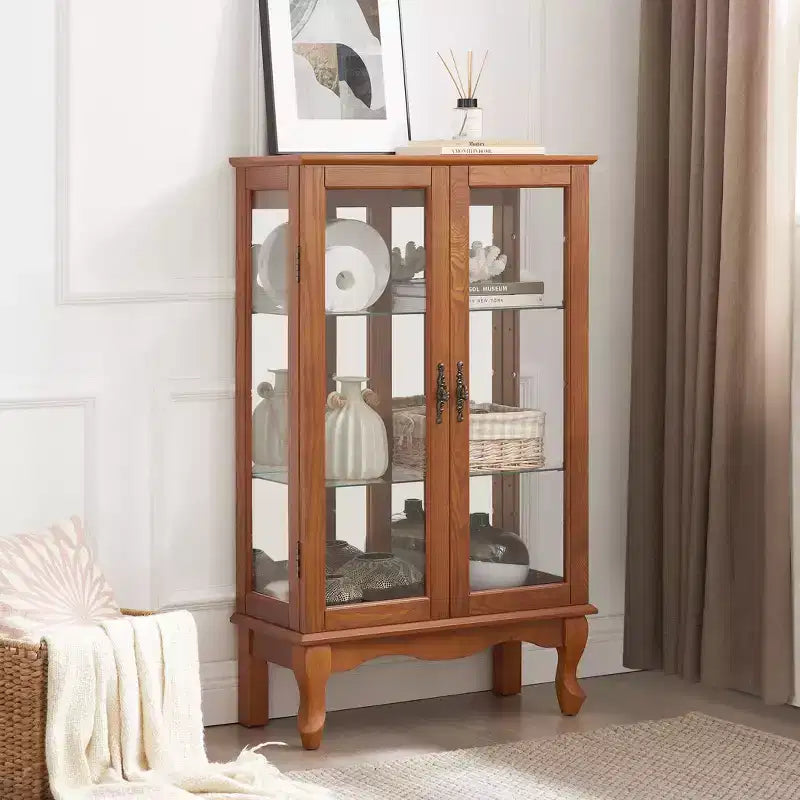 Vitrina de madera marrón con 2 puertas de cristal y luz incorporada, montaje por 1 persona