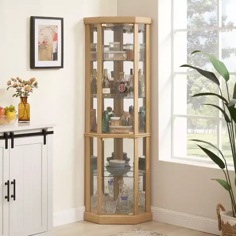 Vitrina esquinera de cristal marrón con iluminación, vitrina de 2 puertas, montaje para 1 persona