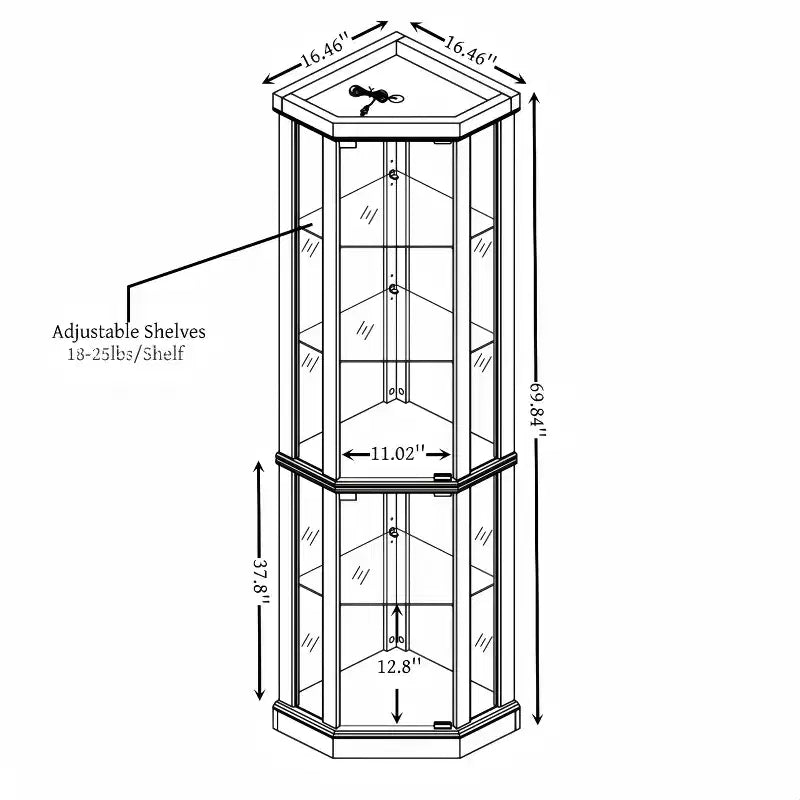 Vitrina esquinera de cristal marrón con iluminación, vitrina de 2 puertas, montaje para 1 persona