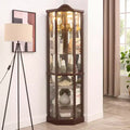 Corner Glass Display Cabinet with Light, Carved Decoration, and Adjustable Shelves for Bar or Wine
