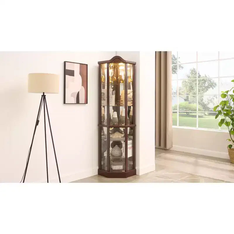 Vitrina esquinera de cristal blanca, estilo clásico, individual con luz