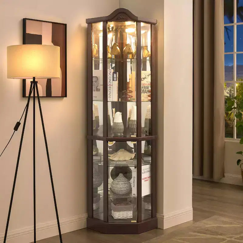Vitrina esquinera de cristal blanca, estilo clásico, individual con luz