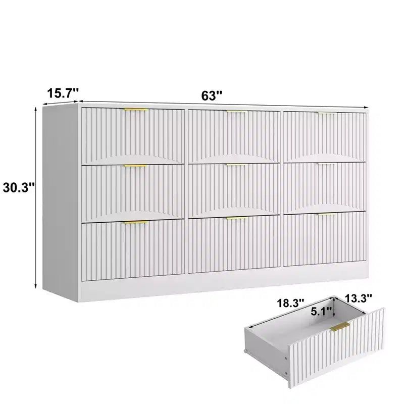 Cómoda blanca de 9 cajones con frente ondulado y tiradores dorados, 160 cm