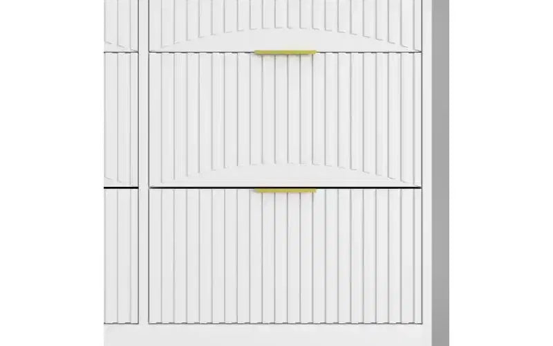 Cómoda blanca de 9 cajones con frente ondulado y tiradores dorados, 160 cm