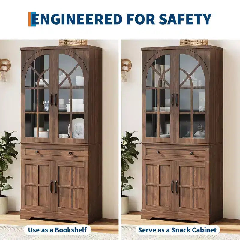 Alacena de despensa estilo rústico con puertas de vidrio templado arqueadas – Negro / Marrón / Blanco+Marrón, 4 puertas