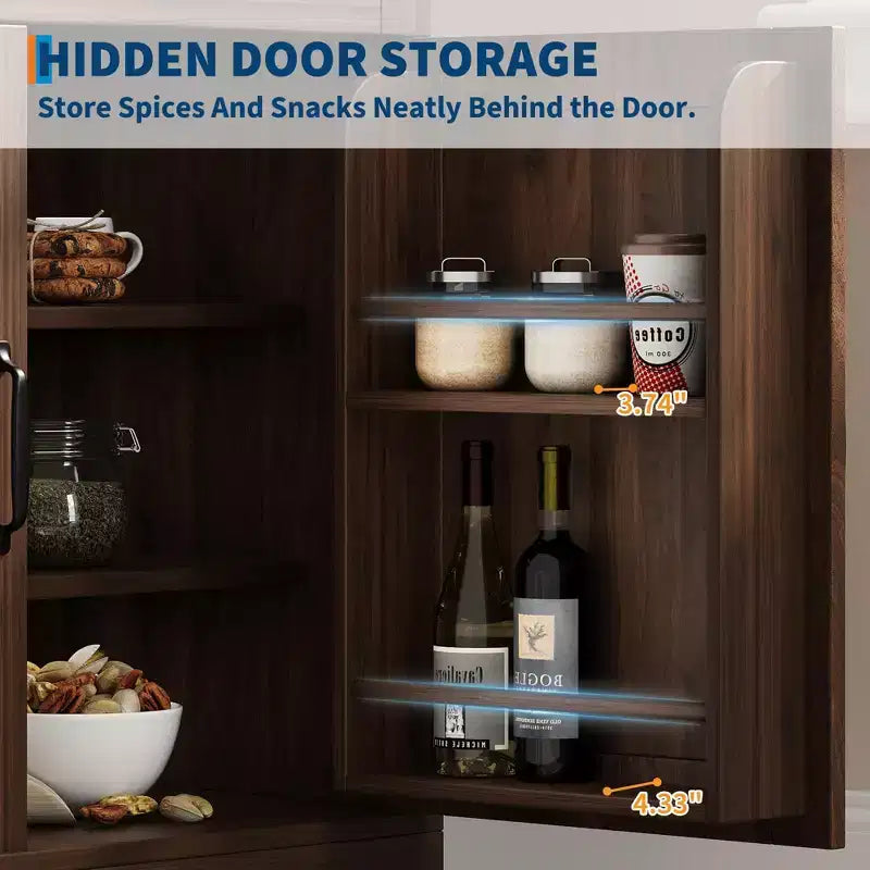 Alacena de despensa estilo rústico con puertas de vidrio templado arqueadas – Negro / Marrón / Blanco+Marrón, 4 puertas