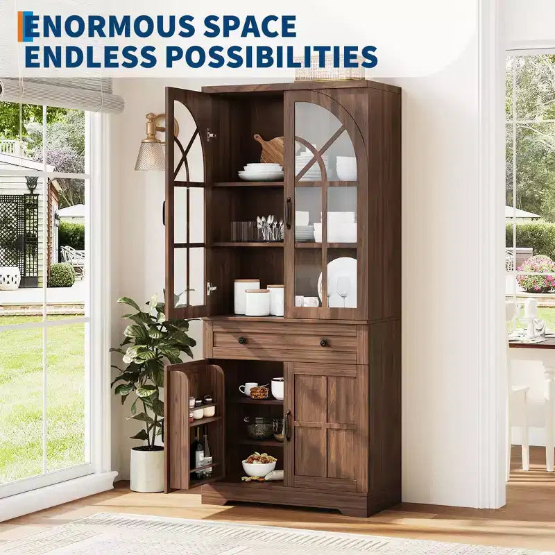 Alacena de despensa estilo rústico con puertas de vidrio templado arqueadas – Negro / Marrón / Blanco+Marrón, 4 puertas