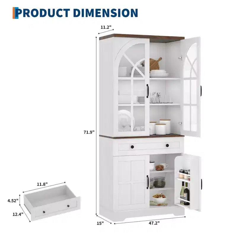 Alacena de despensa estilo rústico con puertas de vidrio templado arqueadas – Negro / Marrón / Blanco+Marrón, 4 puertas